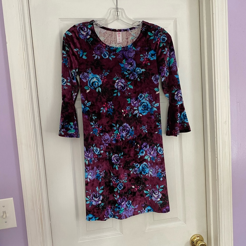 Floral Burgundy dress with blue and purple flowers